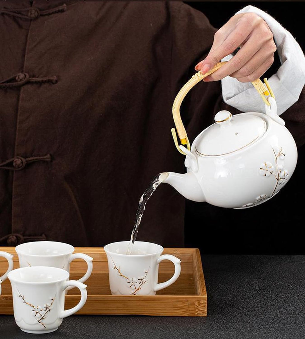KEYDUACU Japanese Tea Set, White Ceramic Tea Set, Plum Blossom Embossed, Includes 1 Teapot, 6 Anti-scald Teacups,Tea Tray,Strainer, Used for Home, Outdoor, Gift, Chinese Kung Fu Tea Set(FDMH-FT-WHITE)