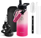 Insulated Water Bottle 32 oz, Triple Wall Vacuum Stainless Steel (Cold for 48 Hrs), Leak Proof & Non-BPA, Modern Water Flask Jug with Paracord Handle & Straw Spout Lids, Ombre Pink