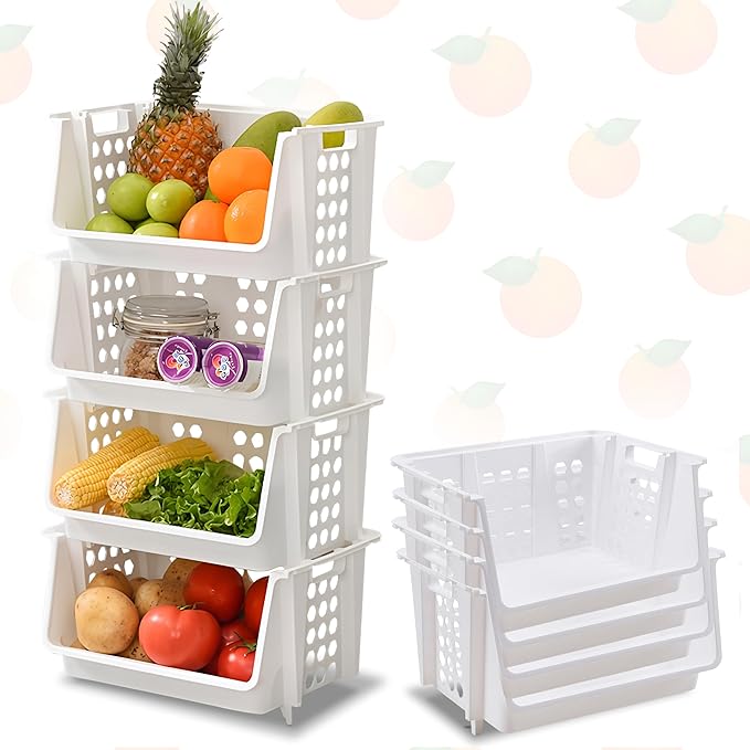 TidyFriend Medium Stackable Storage Bins for Pantry - 4 Pack, Stackable Bins For Organizing Food, Kitchen, and Bathroom Essentials (White)