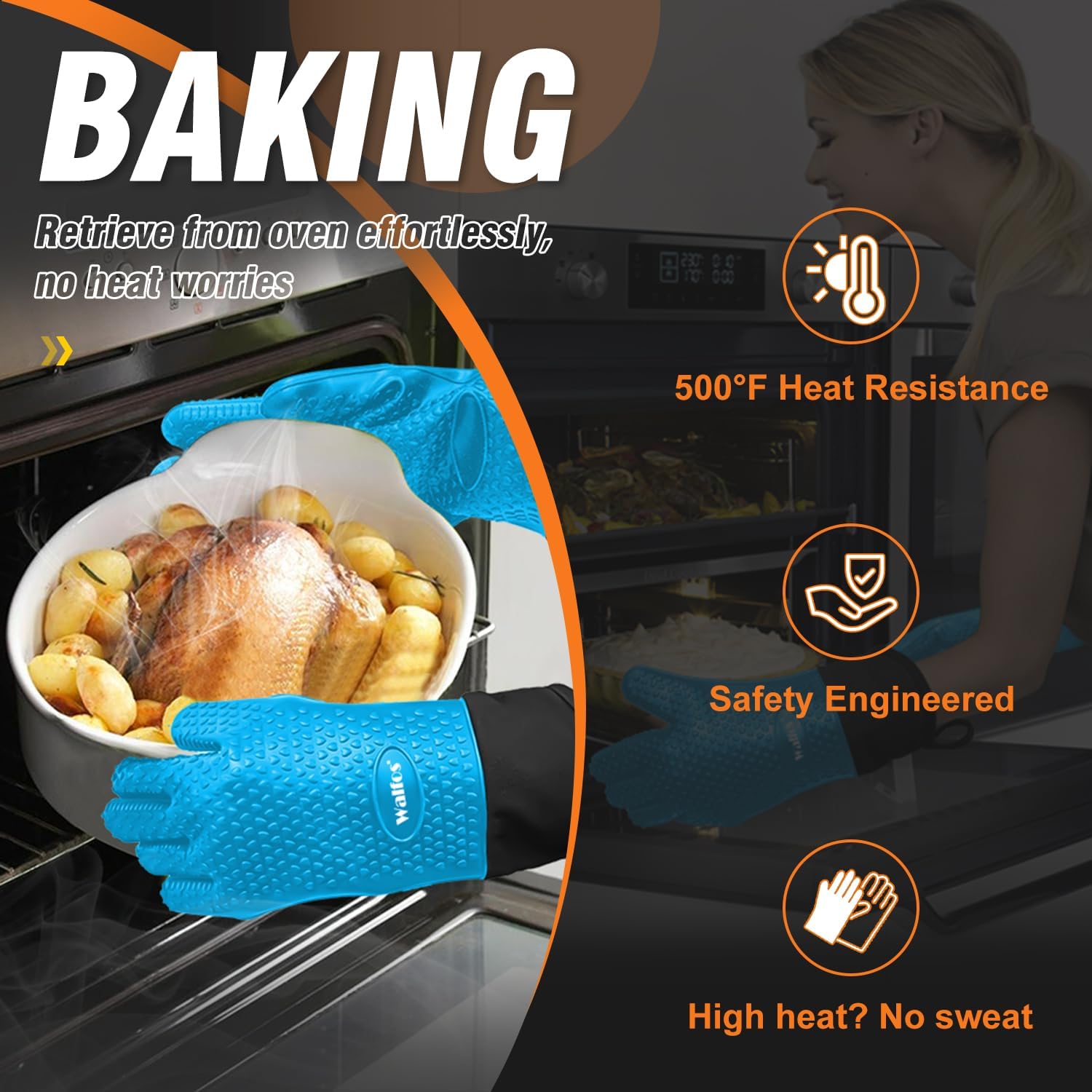 Walfos Silicone BBQ Gloves - Heat Resistant Grilling Gloves, Premium Non-Slip Kitchen Silicone Oven Mitt with Protective Cotton Layer Inside, Waterproof, Great for Grilling, Kitchen and Cooking, Blue