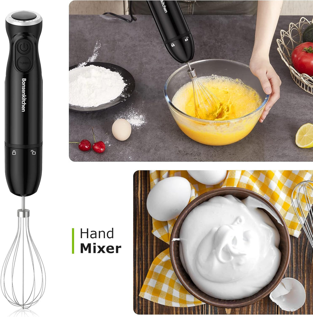 Bonsenkitchen Immersion Blender Handheld, 12-Speed and Turbo Hand Blender Electric with Sharp Blades, 3-In-1 Hand Held Stick Mixer with Egg Whisk, 24oz Beaker for Soups, Smoothies, Sauce