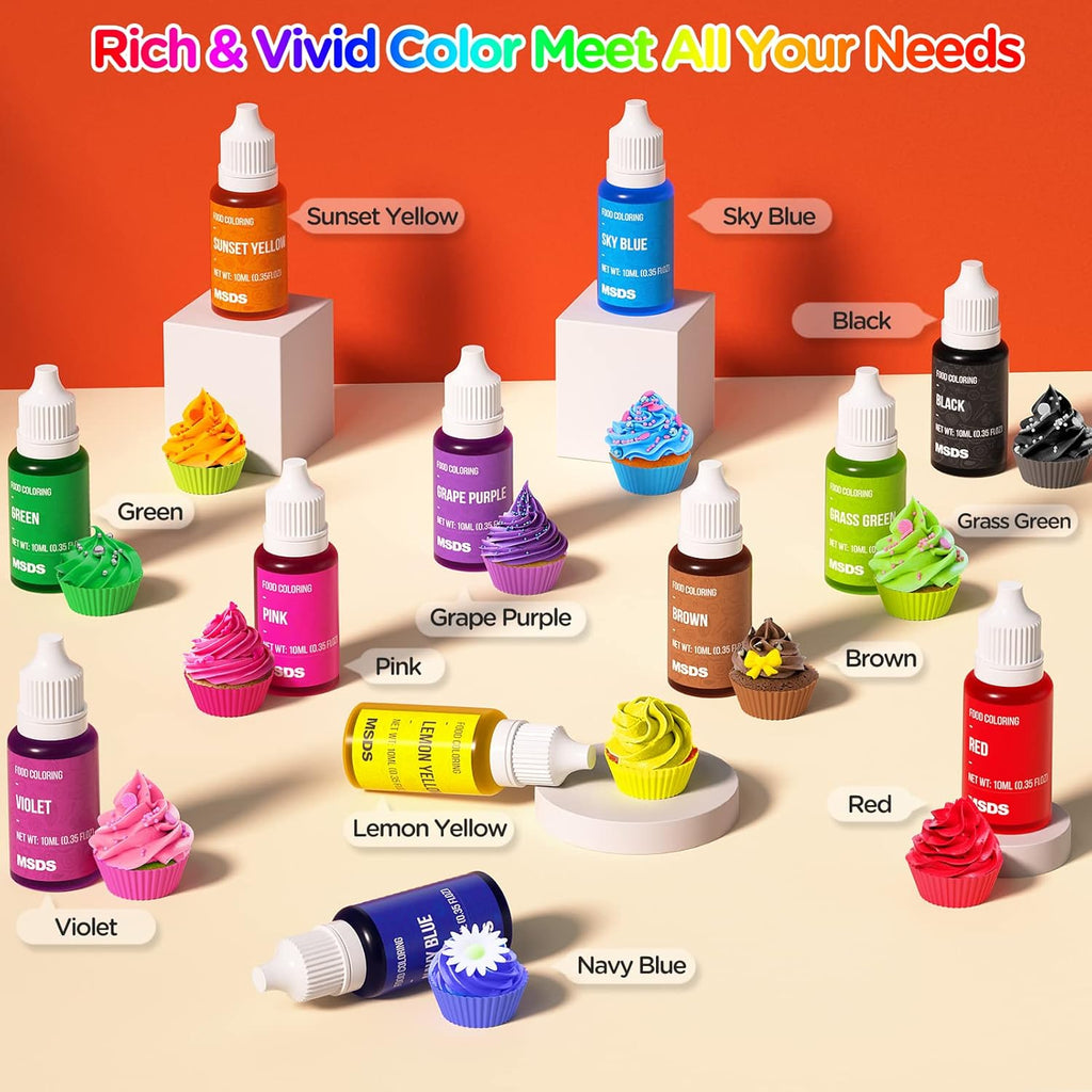 Food Coloring Liquid Set - 12 Vibrant Color Food Grade, Food Coloring Gel Concentrated Neon Icing Colors for Cake Decorating, Baking, Easter Egg, Icing, Fondant, Cooking, Slime Making DIY Supplies Kit - 0.35 Fl. oz (10 ml)/Bottles