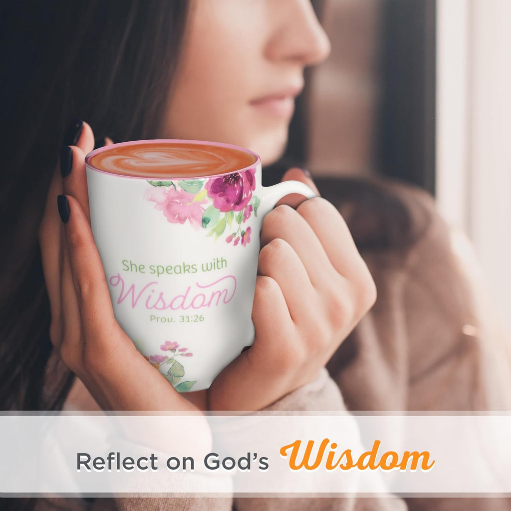 Christian Art Gifts Inspirational Ceramic Coffee & Tea Scripture Mug for Women: She Speaks with Wisdom Bible Verse, Microwave & Dishwasher Safe Drinkware, Multicolor Floral, White & Dark Pink, 12 oz.