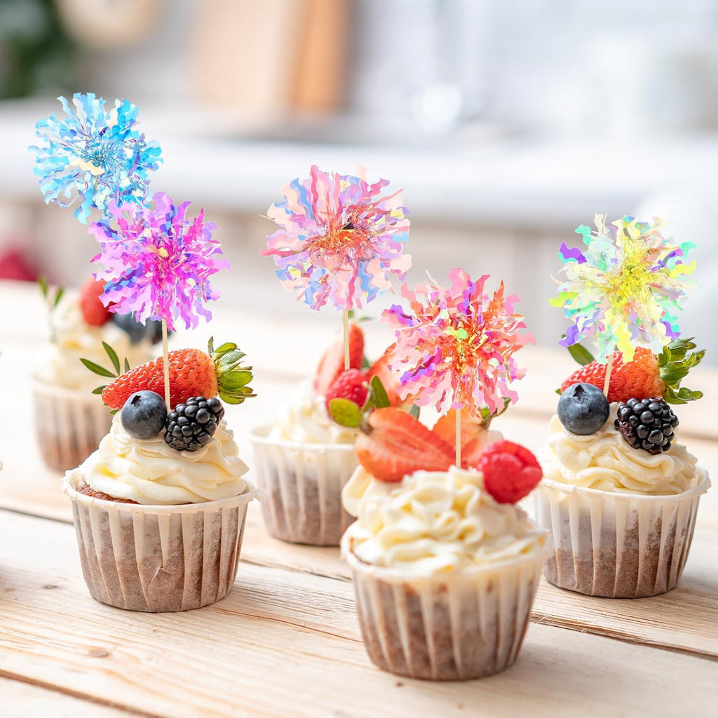 35Pcs Foil Firework Cupcake Toppers, Sparkle Tinsel Cake Toppers, Tinsel Drink Cake Decoration, Cocktail Food Fruit Toothpick for Cake Decoration Party Supplies