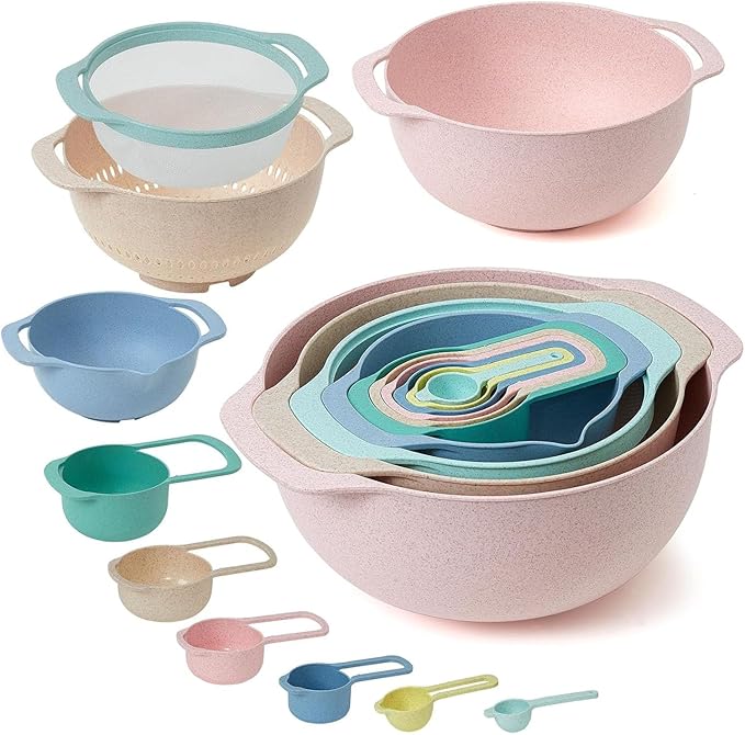 Plastic Mixing Bowls Set 8/10 PCS with Measuring Spoon, Colorful Serving Bowls for Kitchen, Ideal for Baking, Prepping, Nesting Bowls for Space Saving Storage (Soft Breeze)