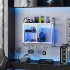 Bestier LED Gaming Floating Shelves for Wall, 25" Wall Mounted Shelf Pipe Adjustable Glass Shelves, White Hanging Display Rack with 6 S-Hooks Towel Bar, Gaming Bedroom Decor Shelf