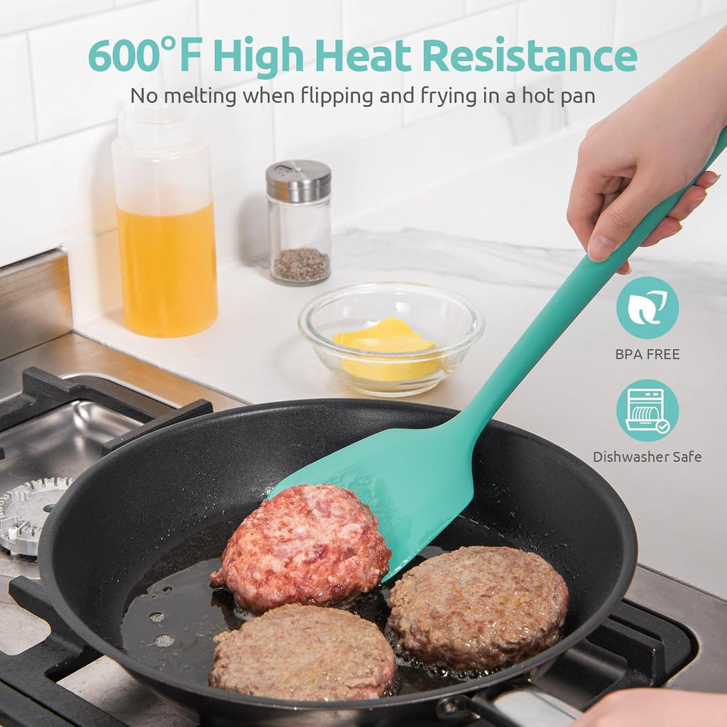13.6" Solid Silicone Turner: U-Taste 600ºF Heat Resistant Kitchen Spatula Flipper, Food Grade Flexible Wide Seamless Rubber Cooking Utensil for Egg, Pancake, Burger in Nonstick Cookware (Aqua Sky)
