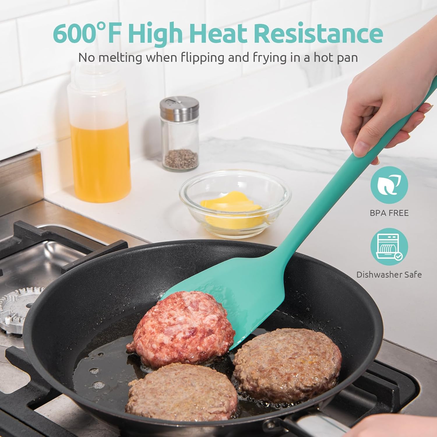 13.6" Solid Silicone Turner: U-Taste 600ºF Heat Resistant Kitchen Spatula Flipper, Food Grade Flexible Wide Seamless Rubber Cooking Utensil for Egg, Pancake, Burger in Nonstick Cookware (Aqua Sky)