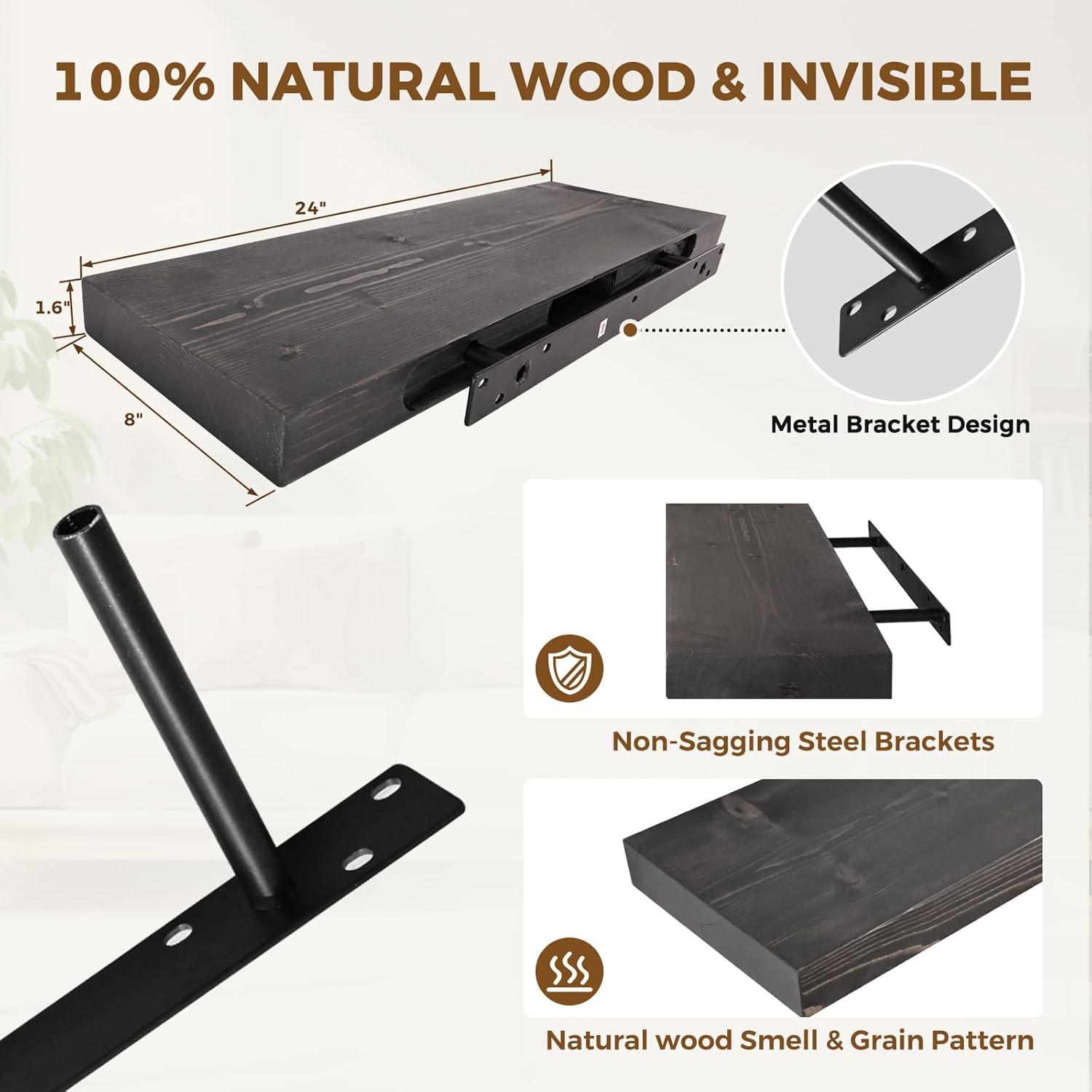 24x8x1.6 inch Floating Shelves Set of 2 – Solid Wood Rustic Black Wall Mounted Shelf for Kitchen, Bathroom, Living Room