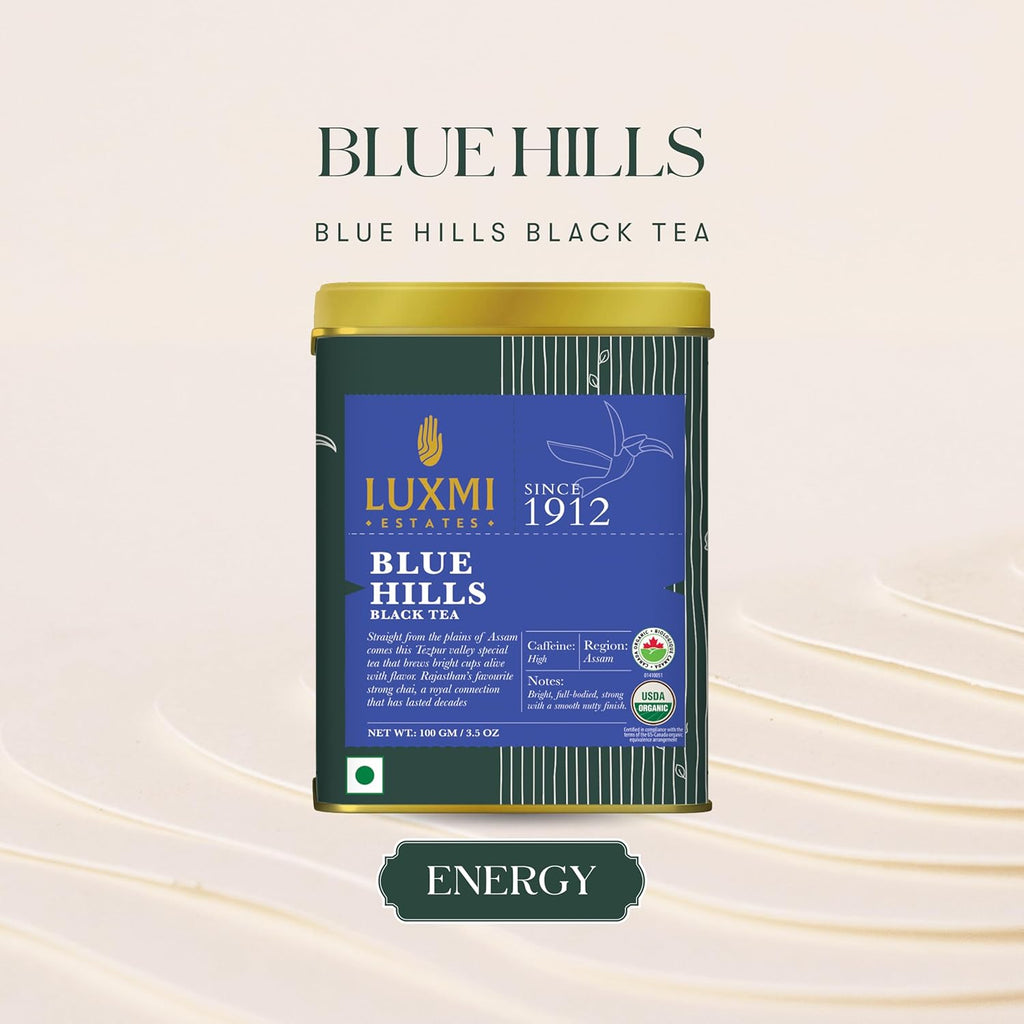 Luxmi Estates - Blue Hills - Organic CTC Assam Black Tea - Loose Leaf - 100g (50 Cups) | Jodhpur Blend - Rajasthan's Favorite Chai | Strong Cup of Original Indian Chai Tea - No Spices