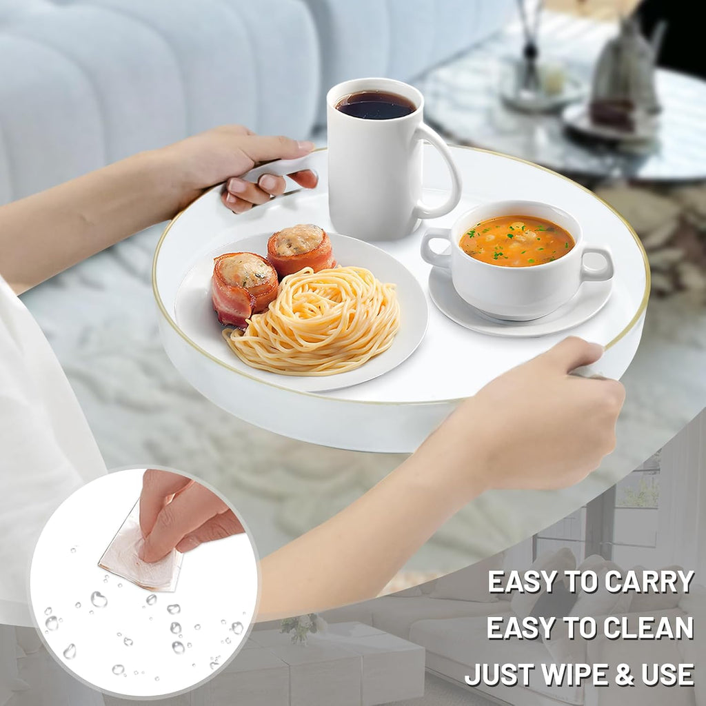 MAONAME White Decorative Tray for Coffee Table, Modern Round Serving Tray with Handles, 13" Plastic Tea Trays for Ottoman, Bathroom Decor