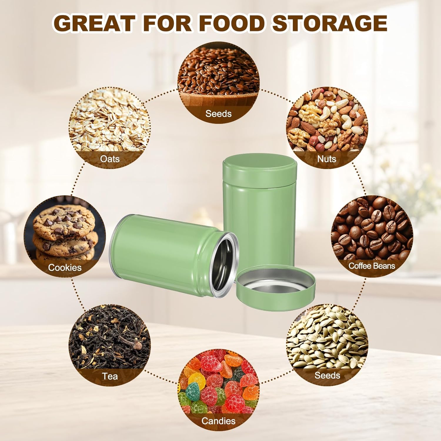uxcell 2Pcs Round Tea Canisters, 5" x 3" Airtight Metal Tea Containers for Loose Tea, Coffee Beans, Spices - Durable, Compact, and Stylish Storage Tea Tin(Silver Green)