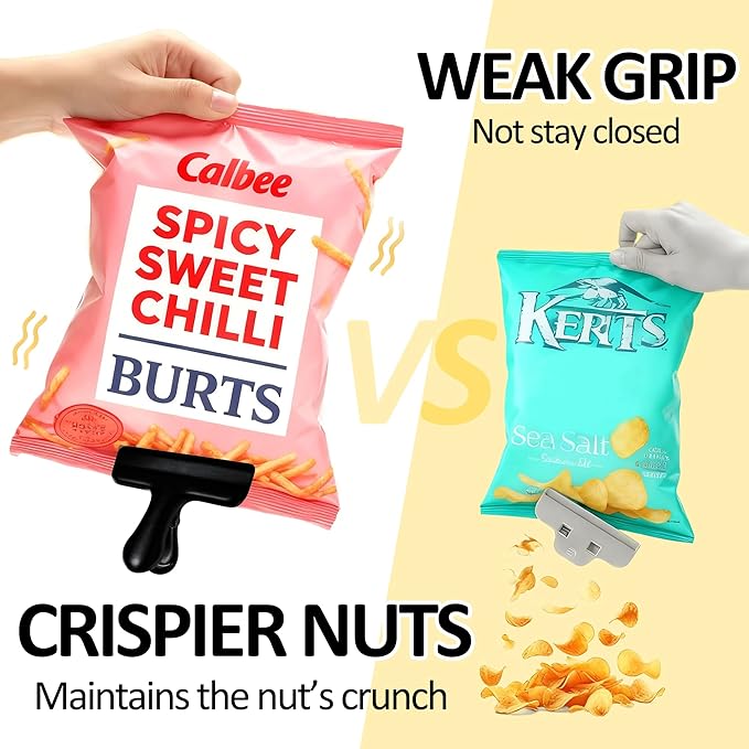 6 Pack Heavy-Duty Stainless Steel Chip Clips，3" Wide Air Tight Bag Clips for Food，Air Tight Seal Food Bag for Kitchen & Home (Matte Black)