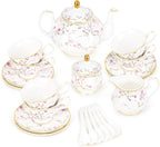 fanquare 21-Piece Gold Vine Floral Porcelain Tea Sets with Sugar Bowl Creamer Teacups, English Bone China Tea Service for Women TeaParty Family Gathering Home Décor