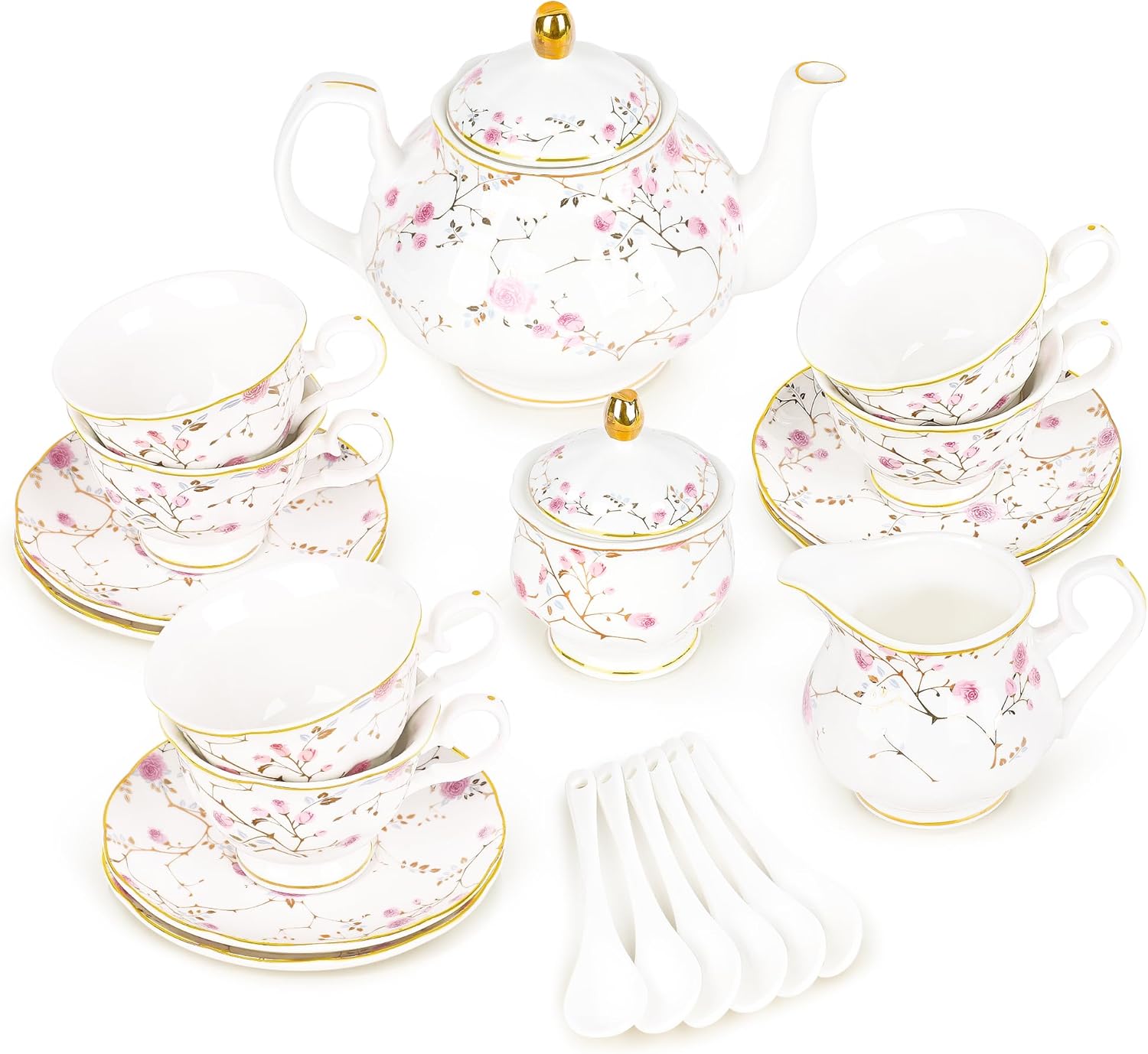fanquare 21-Piece Gold Vine Floral Porcelain Tea Sets with Sugar Bowl Creamer Teacups, English Bone China Tea Service for Women TeaParty Family Gathering Home Décor