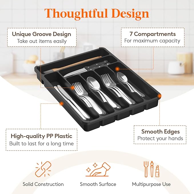 Lifewit Silverware Organizer with Lid, Covered Utensil Tray for Kitchen Drawer and Countertop, Plastic Cutlery and Flatware Storage Box for Spoons Forks Knives Holder Case, 7 Compartments, Black