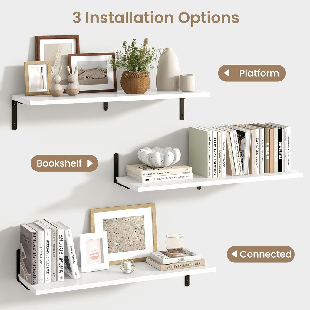 Fun Memories Deep Floating Shelves, 32W x 8D Floating Shelves Set of 2, Wall Mounted Shelf with Metal Brackets, Rustic Wood Wall Shelf for Bathroom, Kitchen and Living Room, White