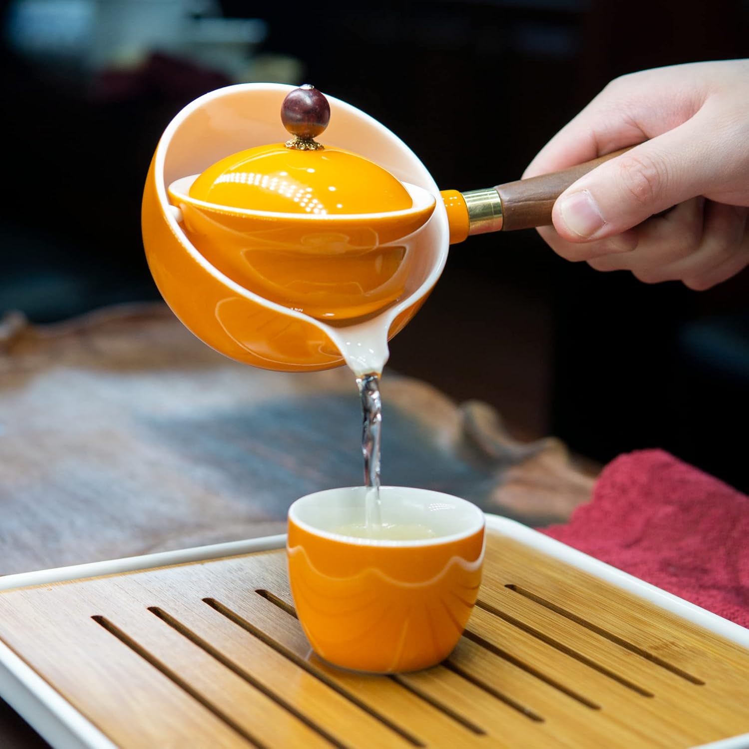 LURRIER Porcelain Chinese Gongfu Tea Set,Portable Teapot Set with 360 Rotation Tea maker and Infuser,Portable All in One Gift Bag for Travel,Home,Gifting,Outdoor and Office(Orange)