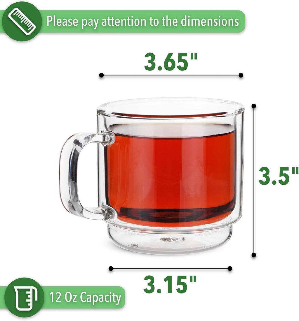 BTaT- Stackable Insulated Coffee Mugs, Glass Tea Mugs, Set of 4 (12 oz, 350 ml), Double Wall Glass Coffee Cups, Tea Cups, Latte Cups, Beer Glasses, Latte Mug