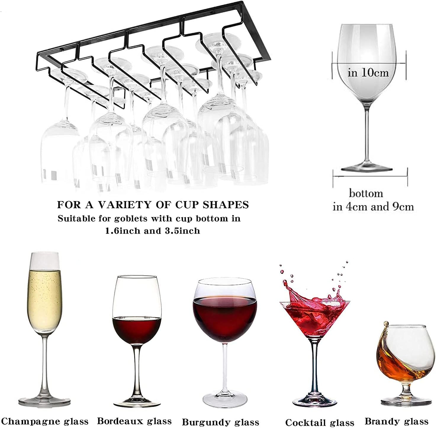 Wine Cup Holder Table Decoration Storage Hanger Metal Organizer for Bar Kitchen Stemware Rack Under Cabinet Stainless Steel Hanger Storage Shelf Black (Black, 4 Rows 1 Pack)