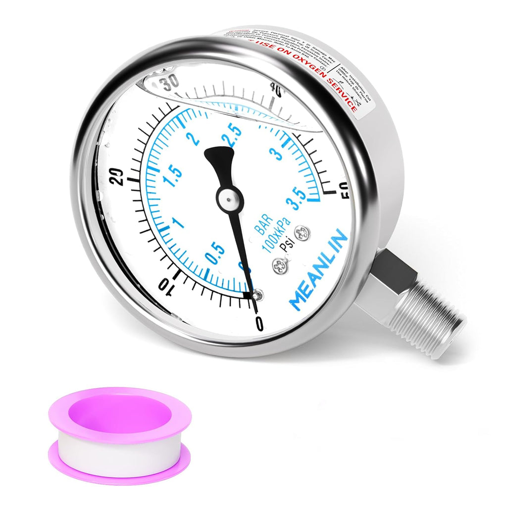 MEANLIN MEASURE 0~50Psi Liquid Filled Pressure Gauge Stainless Steel with 316 Stainless Steel Joint 1/4" NPT 2.5" FACE DIAL for Pool Sand Filter Water Oil Air Pressure Test Lower Mount