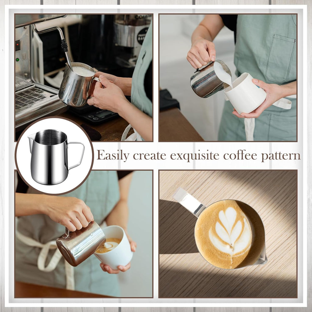 Dandat 6 Pcs Milk Frothing Pitcher Espresso Steaming Pitchers 12 Oz Stainless Steel Milk Steamer Cup Frother Jug for Espresso, Latte Art, Chai Cappuccino Hot Chocolate
