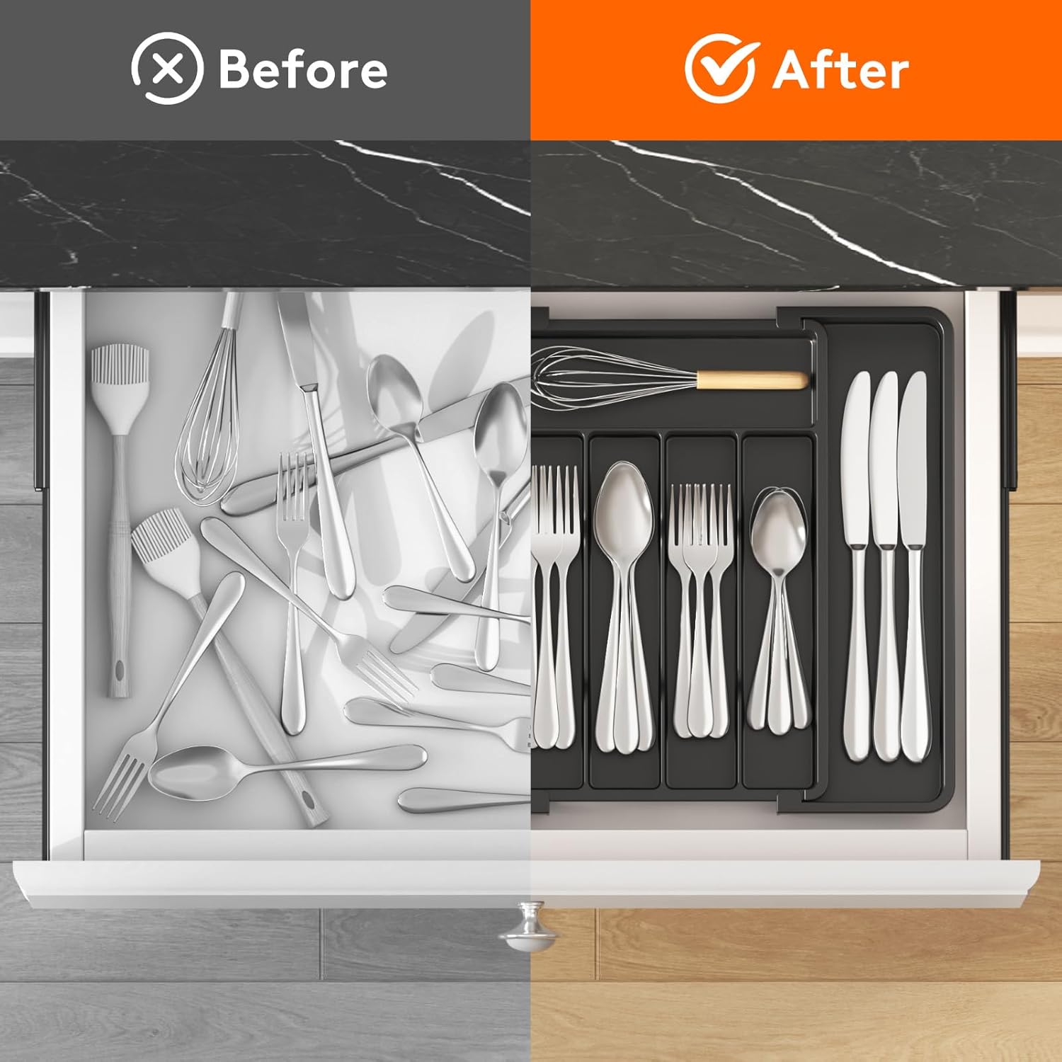 Lifewit Silverware Drawer Organizer, Expandable Utensil Tray for Kitchen, BPA Free Flatware and Cutlery Holder, Adjustable Plastic Storage for Spoons Forks Knives, 8.5"-14.1" x 12.1", Black