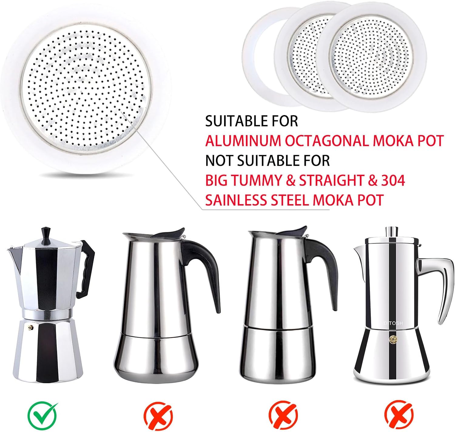 2 Pcs Filter with 3 Pcs Silicone Gasket Seals for 6 Cup Stovetop Espresso Coffee Maker Replacement Parts for DITOSH Aluminium Moka Pot