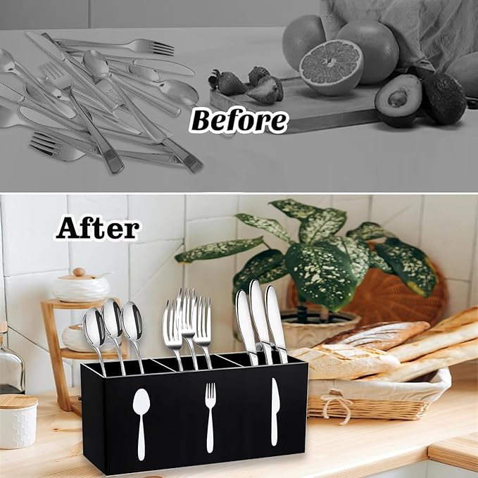 2 Pcs Acrylic Cutlery Storage Organizer Bin Silverware Cutlery Utensil Holder Caddy Knife Spoon and Fork Organizer 3 Section Tableware Storage Box for Kitchen Cabinet Flatware Dining Room Party