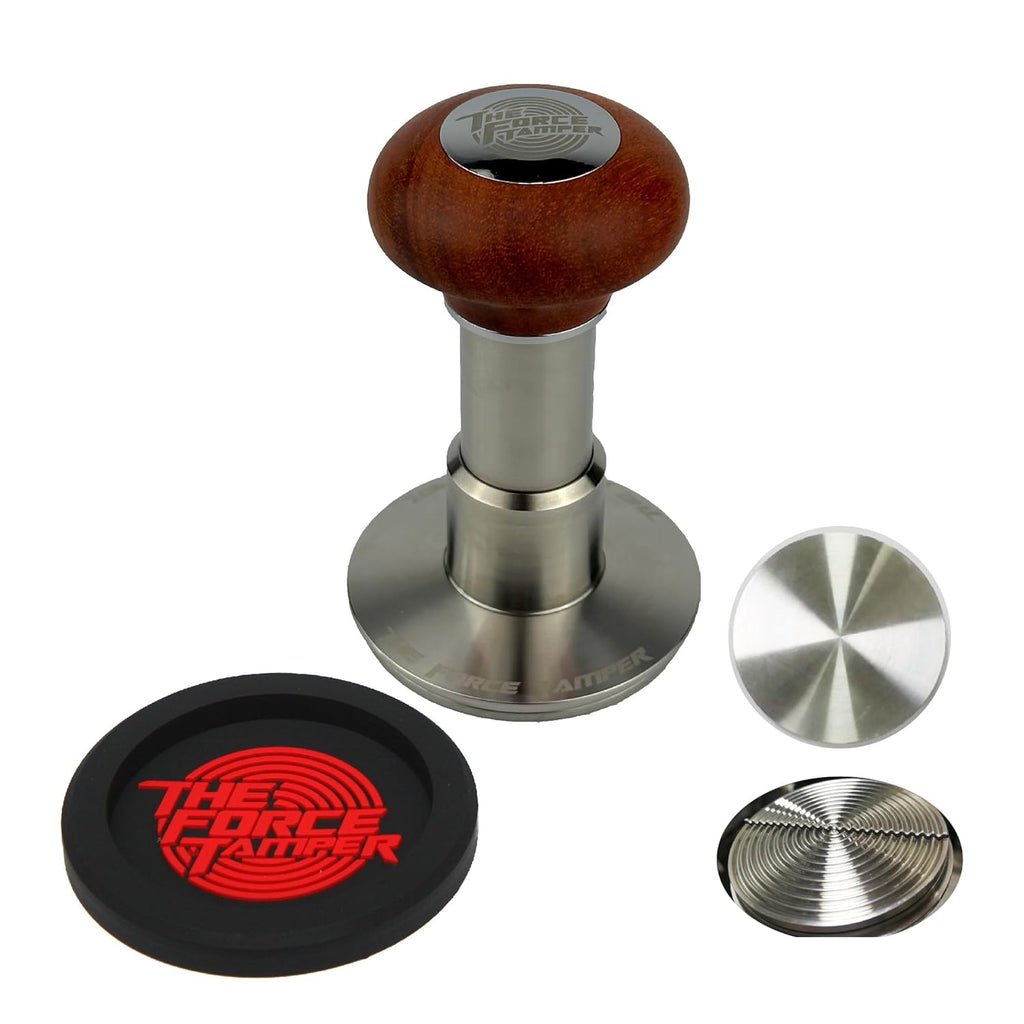 The Force Tamper Automatic Impact Adjustable Constant Pressure and Autoleveling Coffee Tamper Reddish Brown Jellyfish Wooden Handle Set Pro (Ripple-Distribute Set, 58.50mm)