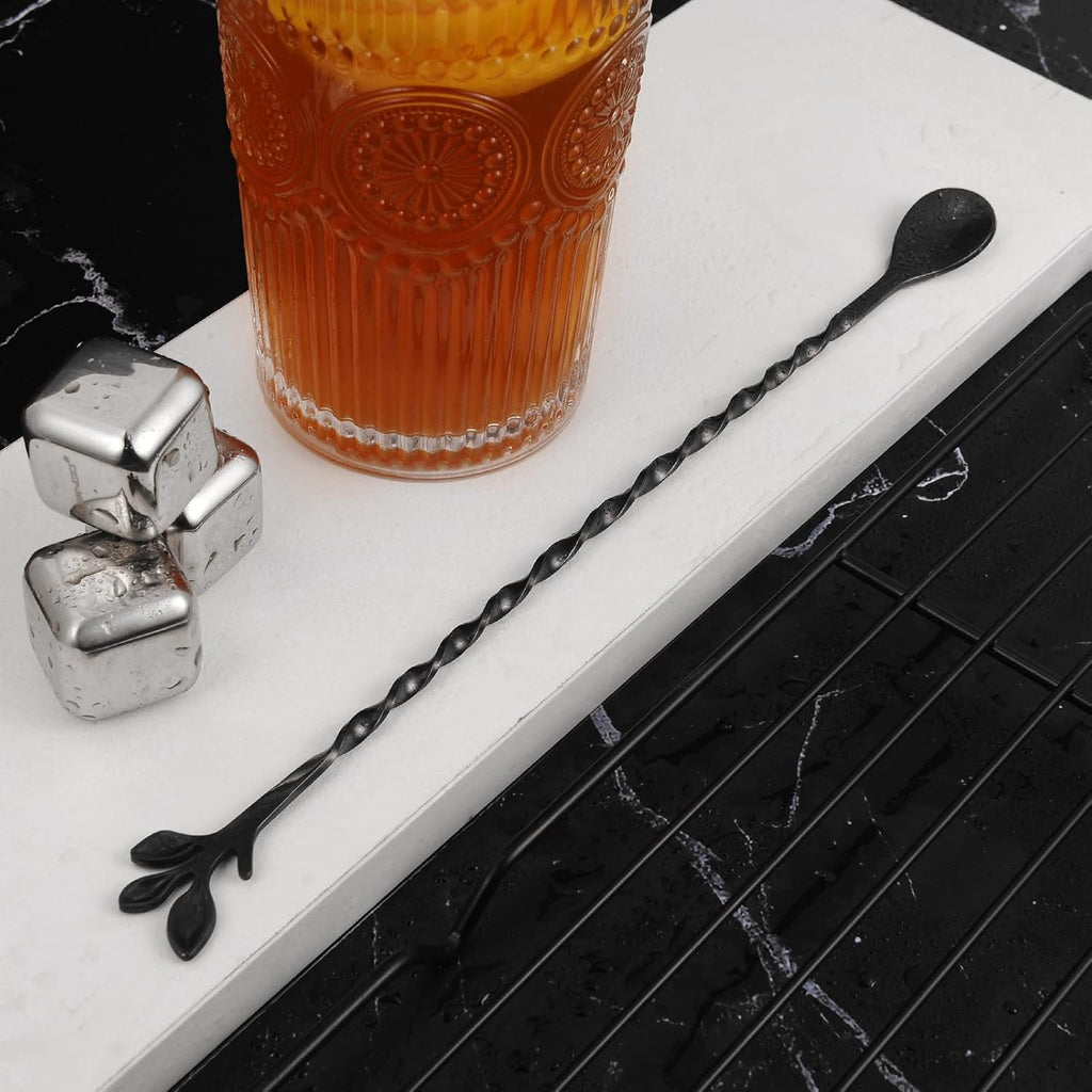 AnSaw Black 10-Inch Stainless Steel Cocktail Spoon with Leaf Handle - Perfect for Mixing & Layering Drinks in Tall Cups, Bar & Shakers - Durable Long Handle Bar Stirrer,2-Pieces