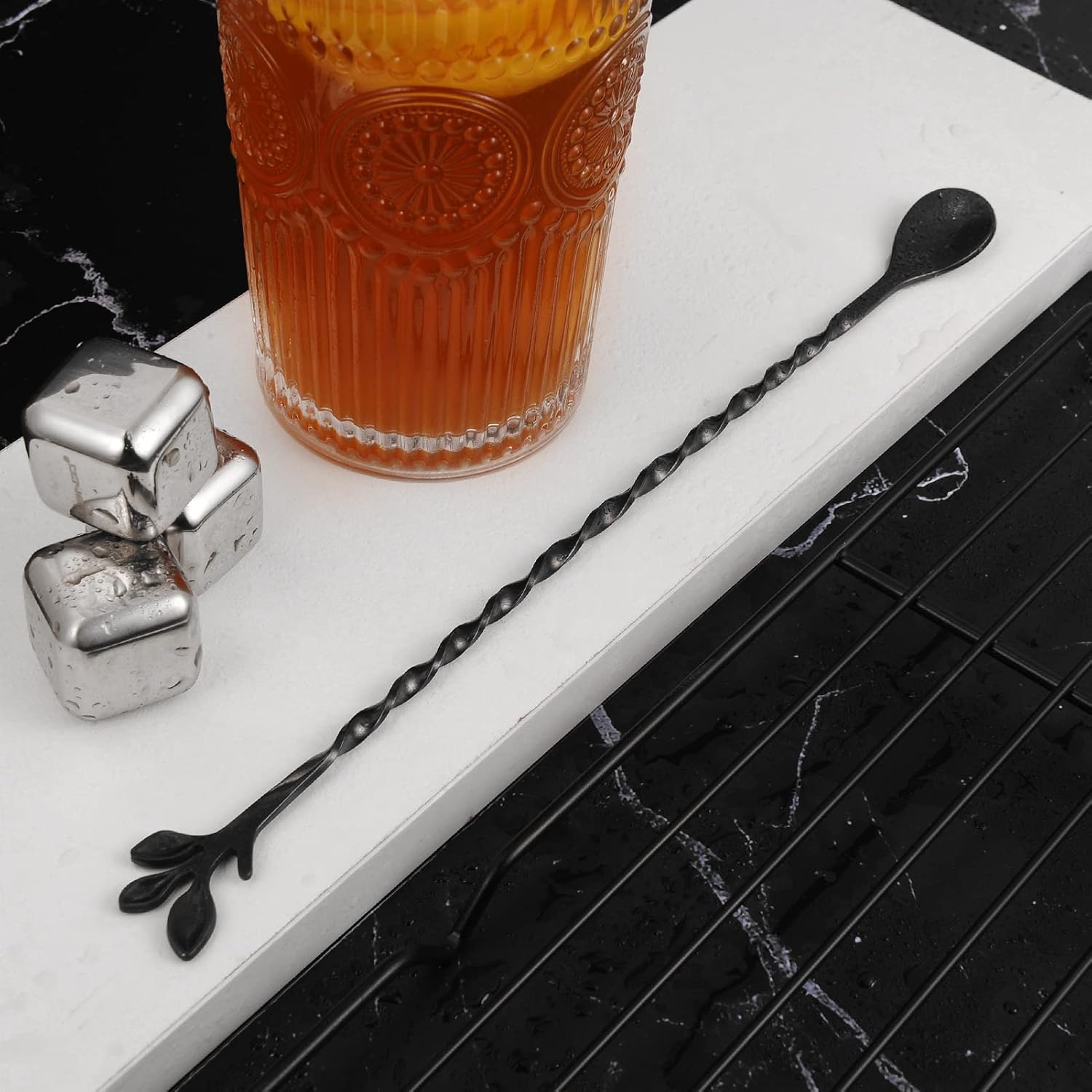 AnSaw Black 10-Inch Stainless Steel Cocktail Spoon with Leaf Handle - Perfect for Mixing & Layering Drinks in Tall Cups, Bar & Shakers - Durable Long Handle Bar Stirrer,1-Pieces