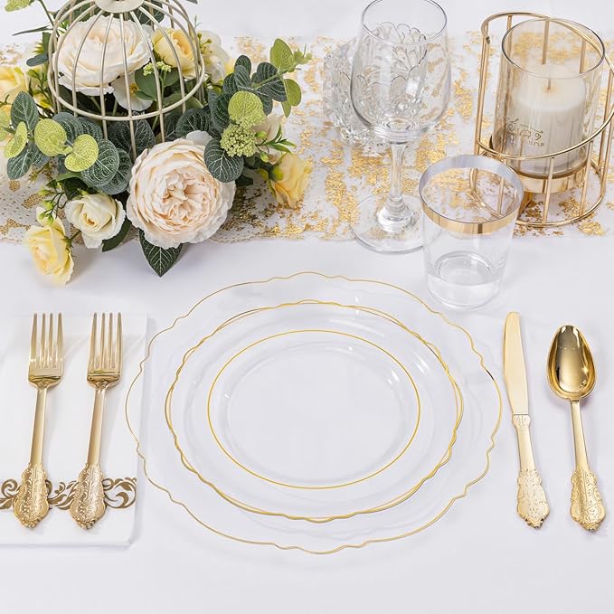 KIRE 210Pcs Clear and Gold Plastic Plates - Heavy Duty Clear Plates with Gold Rim - Disposable Dinnerware Sets of 60 Plastic Plate 90 Silverware 30 Cups 30 Napkins for Wedding/Thanksgiving Parties