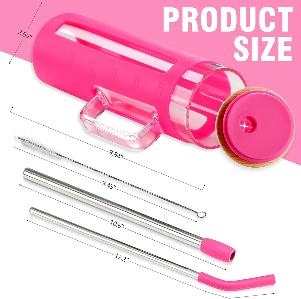 Kodrine 24 oz Glass Tumbler with Handle, Iced Coffee Cup Boba Smoothie Cup, Bamboo Lid Home Office Tumbler, Rose Red