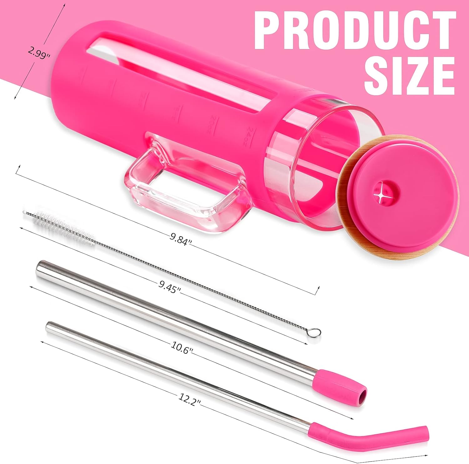 Kodrine 24 oz Glass Tumbler with Handle, Iced Coffee Cup Boba Smoothie Cup, Bamboo Lid Home Office Tumbler, Rose Red