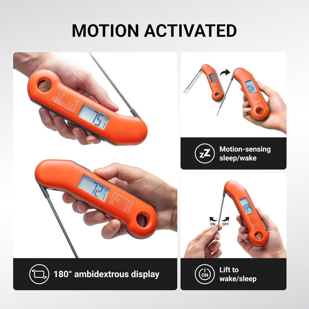 Professional Meat Thermometer Digital, Ultra-Fast 0.5 Sec Instant Read, NIST Certified ±0.5°F Accuracy, 100% Waterproof, Auto-Rotating Backlit Display, Lift-to-Wake, for BBQ/Candy, Orange&Gray