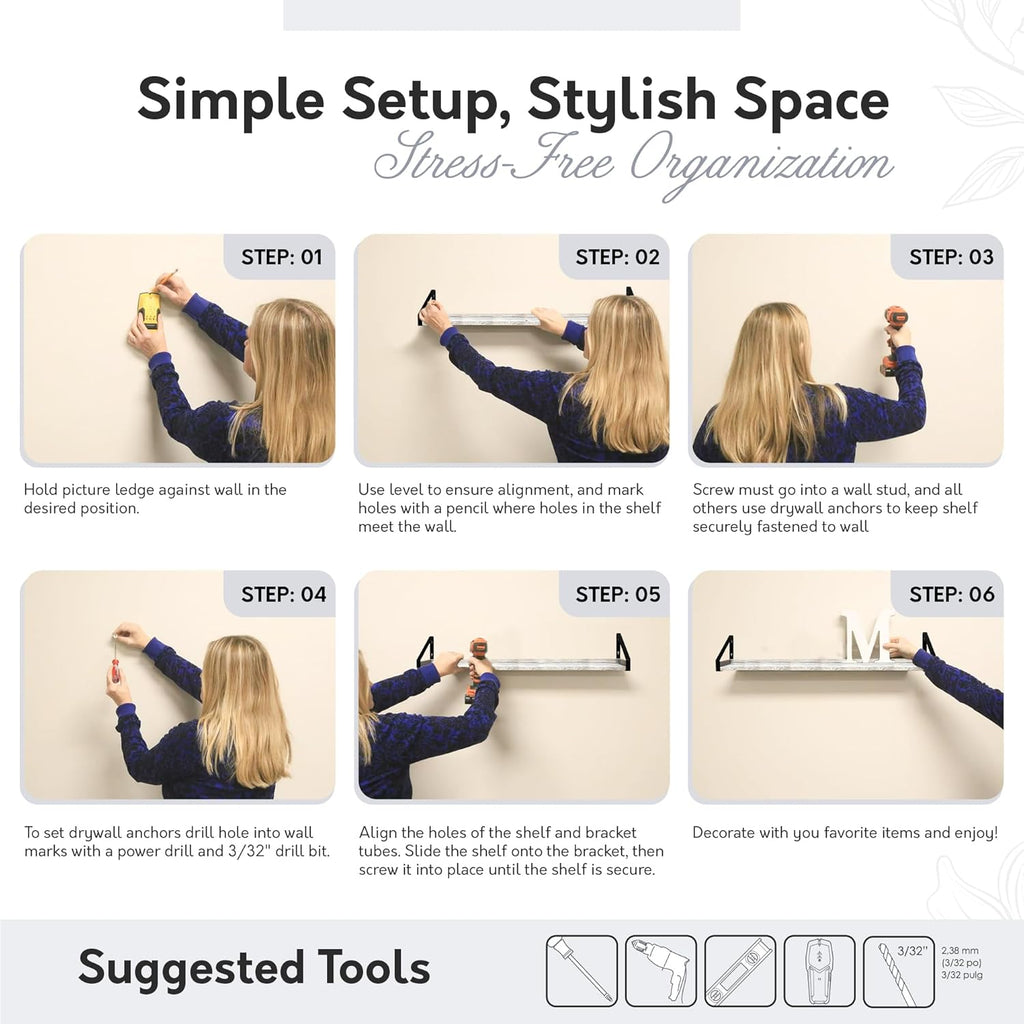 InPlace Shelving, 9602096E, Wall Mounted Real Wood Rustic Bracket Ledge, 24 Inch x 5 Inch x 6.1 Inch, Distressed White