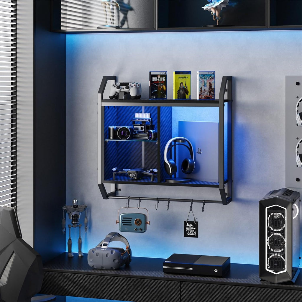 Bestier 25" LED Gaming Floating Shelves for Wall, Wall Mounted Shelf Pipe Adjustable Glass Shelves, Hanging Display Rack with 6 S-Hooks Towel Bar, Gaming Room Decor Shelf, Carbon Fiber Black