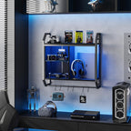 Bestier 25" LED Gaming Floating Shelves for Wall, Wall Mounted Shelf Pipe Adjustable Glass Shelves, Hanging Display Rack with 6 S-Hooks Towel Bar, Gaming Room Decor Shelf, Carbon Fiber Black