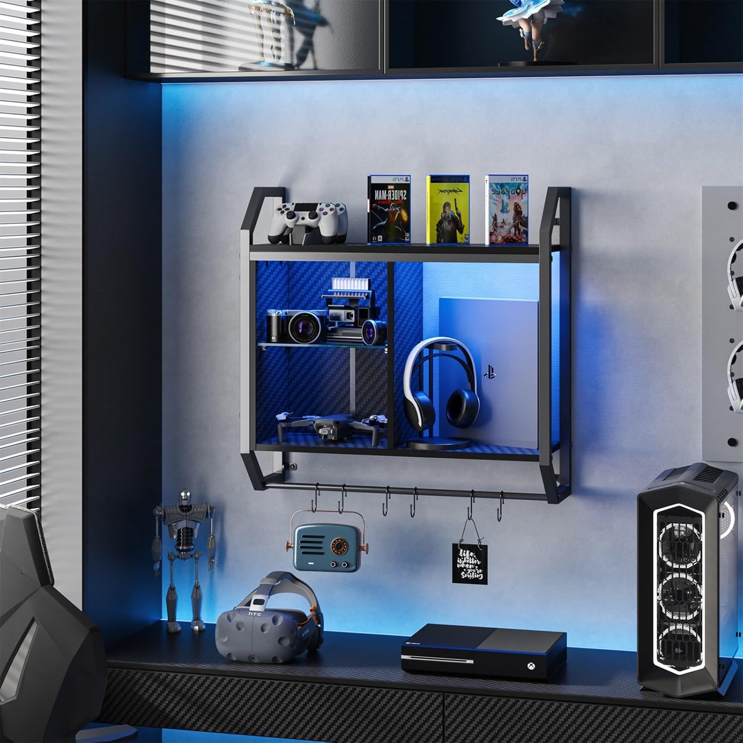 Bestier 25" LED Gaming Floating Shelves for Wall, Wall Mounted Shelf Pipe Adjustable Glass Shelves, Hanging Display Rack with 6 S-Hooks Towel Bar, Gaming Room Decor Shelf, Carbon Fiber Black