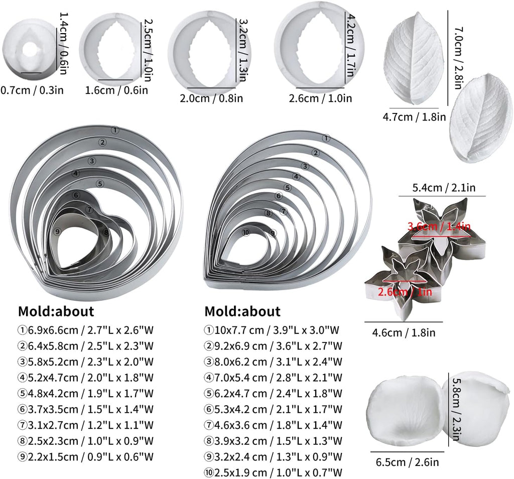 KALAIEN 31Pcs Austin Rose Cutter Set Rose Petals Silicone Fondant Mould Veining Petal Sugar Flower Making Tool