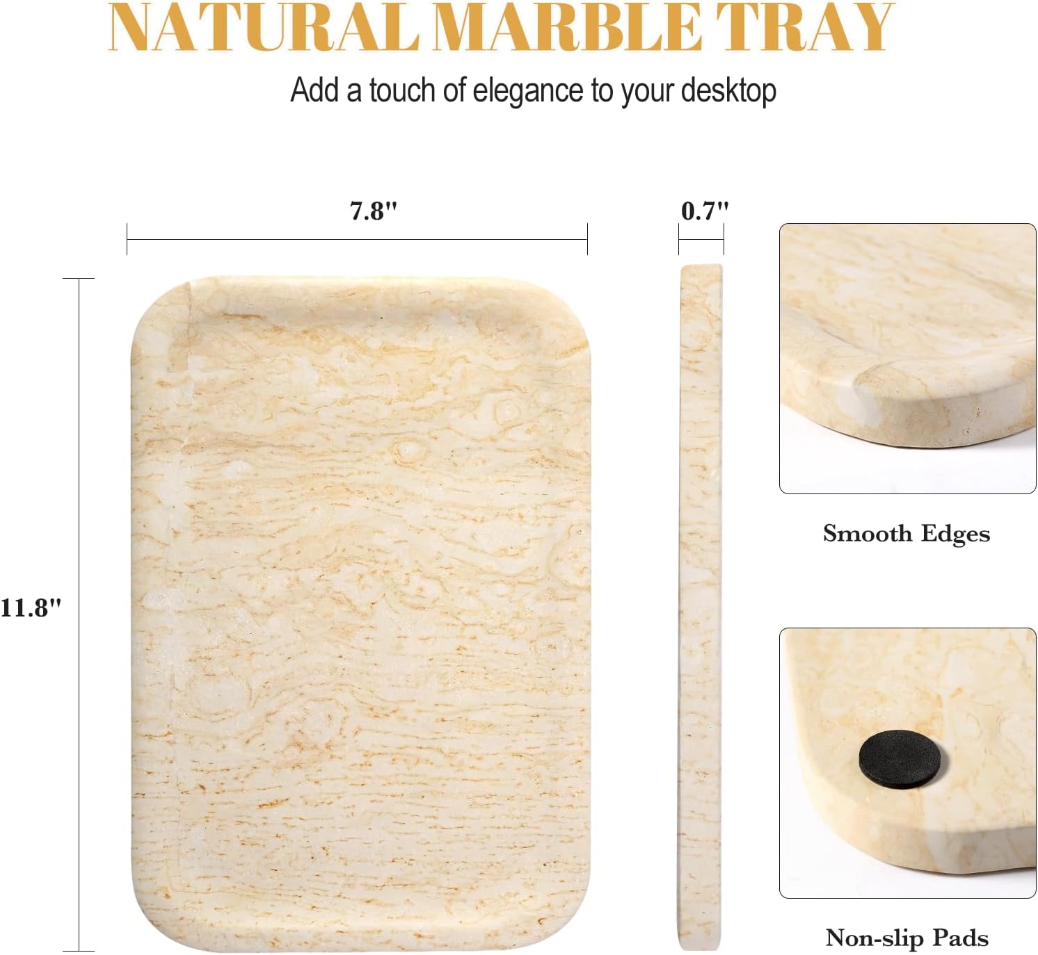 Koville Marble Tray, 12"x8" Marble Vanity Tray for Bathroom Kitchen Countertop, Rectangular Stone Tray for Cosmetics Perfume Trinket, Decorative Catchall Trays (Beige)