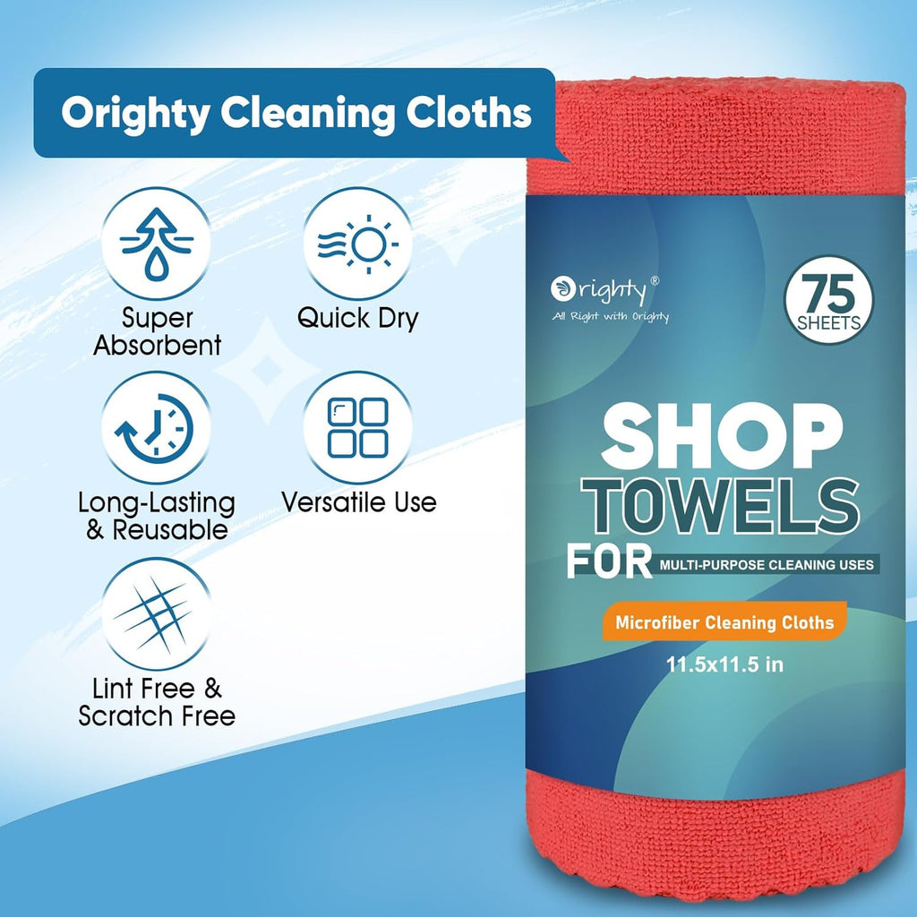 Orighty Microfiber Cleaning Cloths, 75 Sheets Shop Towels, Reusable Paper Towels Shop Rags, Washable Microfiber Towel Roll Cleaning Rags for Cars, House, Kitchen, 11.5’’ x 11.5’’, Red