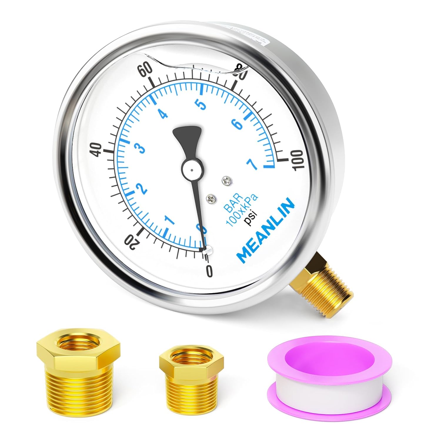MEANLIN MEASURE 0~100Psi Stainless Steel 1/4" NPT 4" FACE DIAL Liquid Filled Pressure Gauge WOG Water Oil Air Lower Mount, with 1/2" NPT and 3/8" NPT Hex Bushing