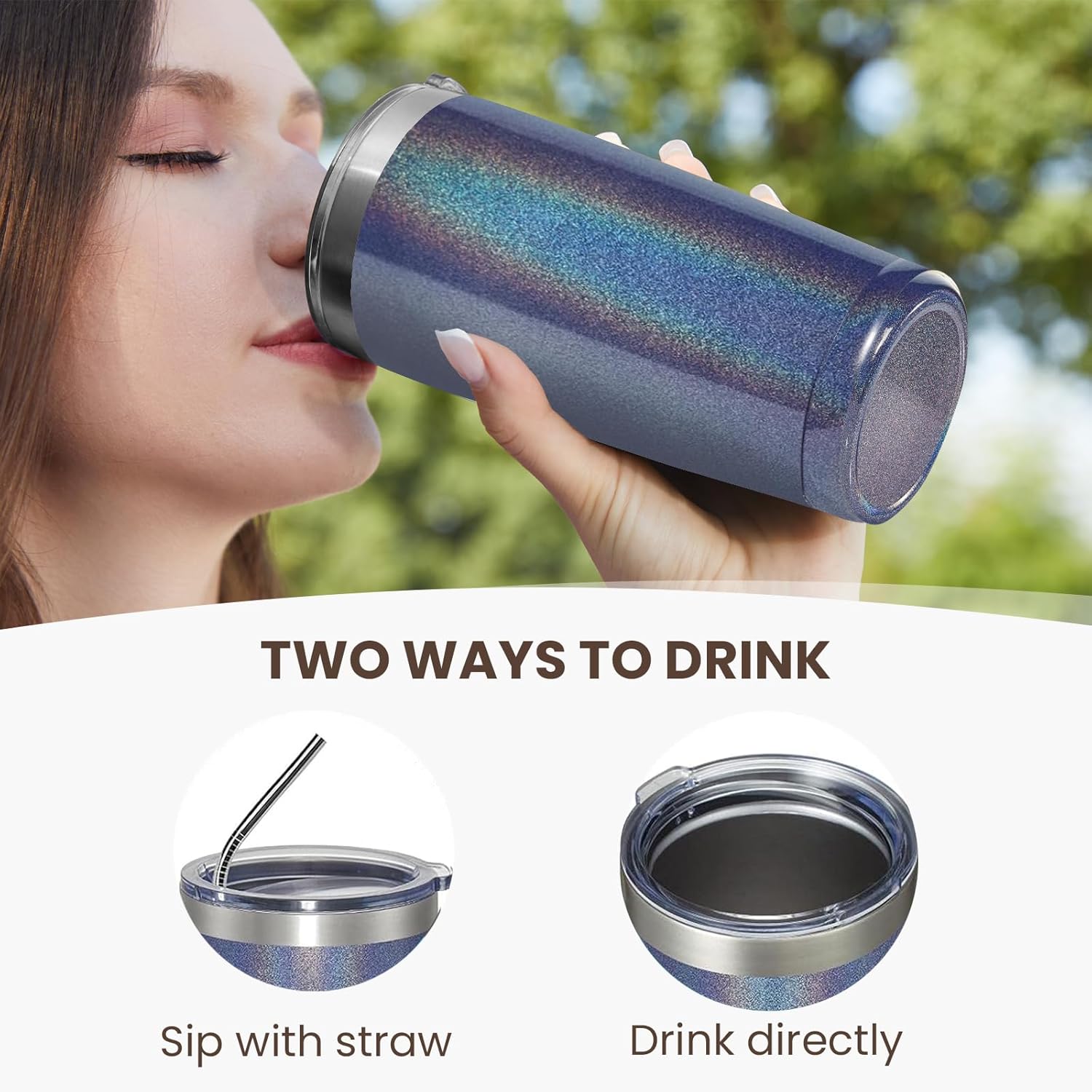 MEWAY 20oz Tumbler 8 Pack Double Wall Vacuum Insulated Travel Glitter Mug Bulk, Stainless Steel Tumblers with Lid and Straw, Powder Coated Coffee Cups for Woman(Rainbow Navy,Set of 8)