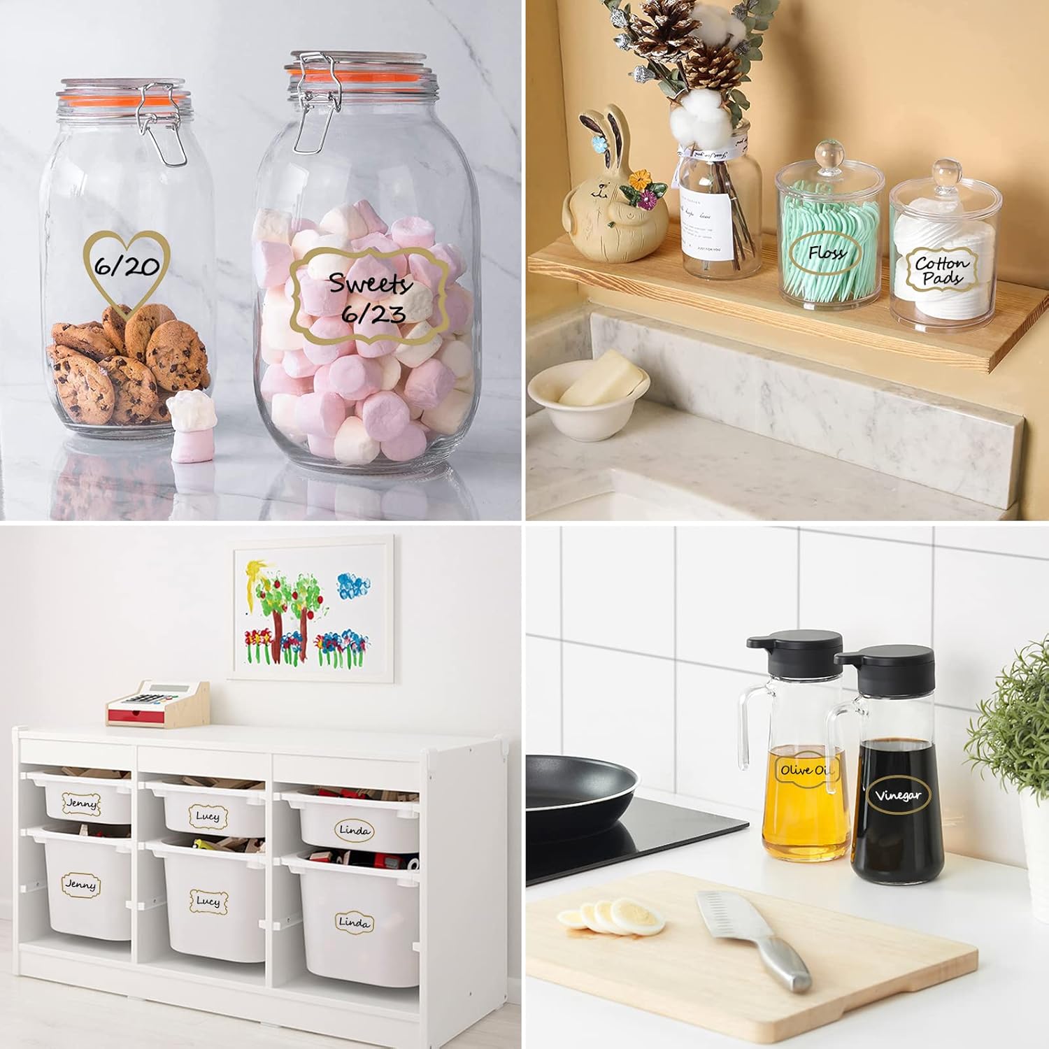Clear Labels for Jars 180pcs Waterproof Removable Transparent Write-on Label Stickers with Gold Border,Great for Food Container Spice Bottle Condiment Flour Sugar Canisters Storage Bins,Free 2 Markers