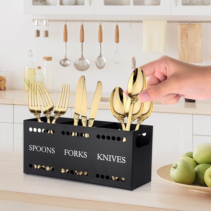 Silverware Caddy Flatware Cutlery Holder Metal Silverware Organizer Containers Black Kitchen Utensil Holder for Countertop Spoon and Fork Holder Flatware Utensils Caddy for Party