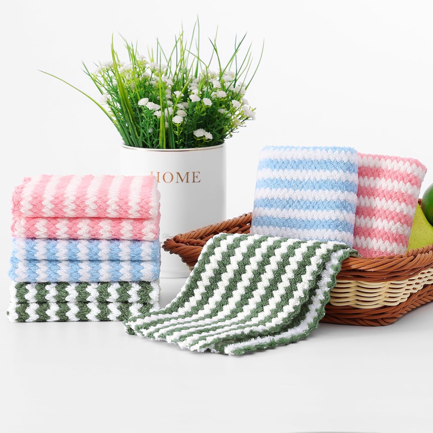 Homaxy 18 Pack Kitchen Dish Cloths, Ultra Soft and Absorbent Dish Towels, Reusable Fast Drying Microfiber Cleaning Cloth, Coral Velvet Wave Design No-lint, 10 x 10 inches, Blue/Pink/Grass Green