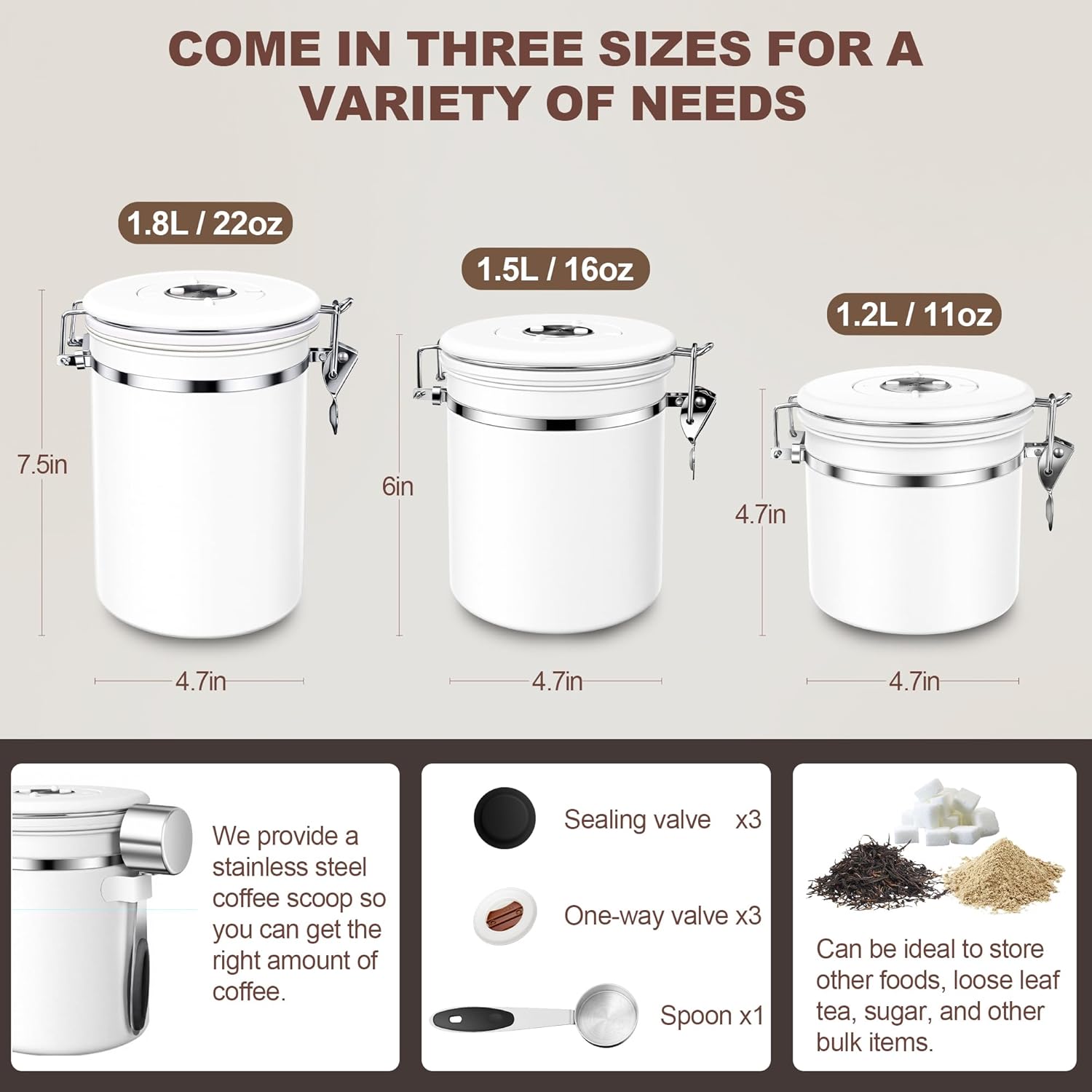 ShanSon Coffee Canister Airtight Stainless Steel Container,Home Kitchen Food Storage Organizers for Beans,Tea,Sugar,cookie,Flour,Cereal,11OZ+16OZ,White