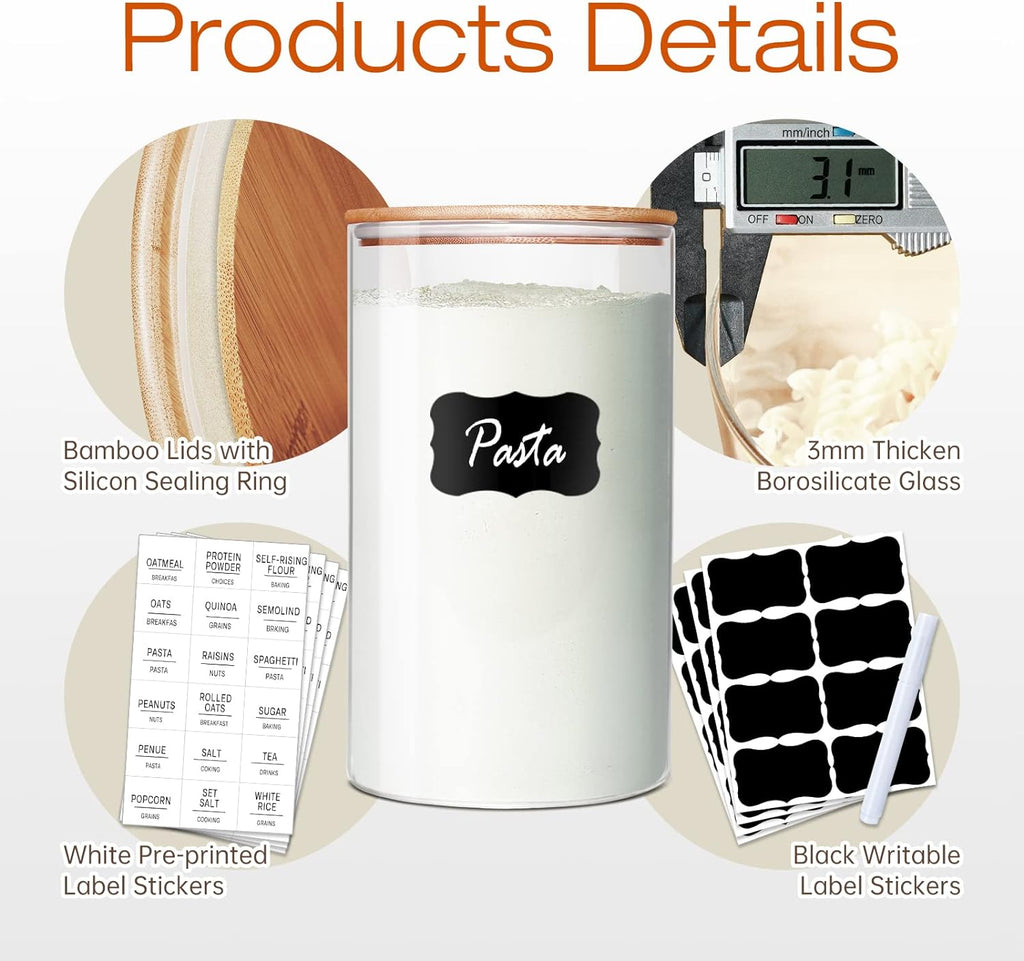 Large Glass Flour and Sugar Containers 180oz x2 & 93oz x2 [Set of 4], Glass Food Storage Containers with Bamboo Lids, Glass Jar with Airtight Lid for Spaghetti Pasta,Rice,Cereal,Coffee, Oat